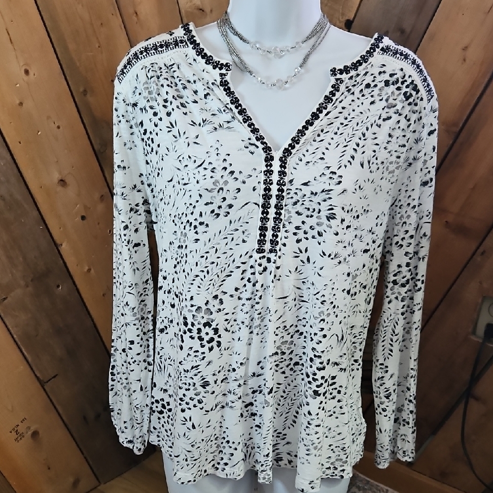 Lucky Brand Black White Floral Embroidered Boho Tunic Blouse 1X